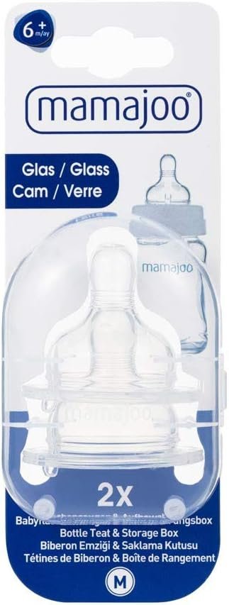 Mamajoo 2 X Saklama Kutulu Anti-Kolik Cam Biberon Emziği No:2 / M 6 Ay+ - Fırsat Paketi