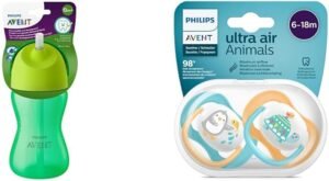 Philips Avent SCF798/01 Desenli Pipetli Bardak (300 ml, Yeşil) & SCF080/07 Ultra Air Emzik (6-18 Ay) Erkek – Avantajlı Set