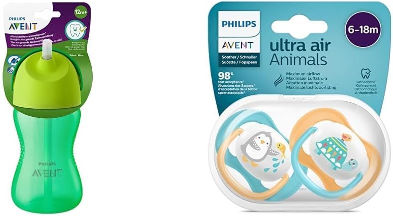 Philips Avent SCF798/01 Desenli Pipetli Bardak (300 ml, Yeşil) & SCF080/07 Ultra Air Emzik (6-18 Ay) Erkek - Avantajlı Set