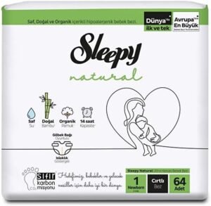 Sleepy Natural Yenidoğan Bebek Bezi 1 Beden Jumbo Paket (64 Adet) – Doğal İçerikli Bebek Bezi