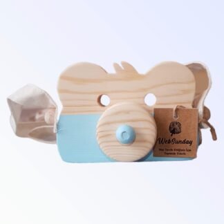 Ahşap Ayıcık Fotoğraf Makinesi - Eğitici Montessori Oyuncak Kamera (Bebek Mavisi)