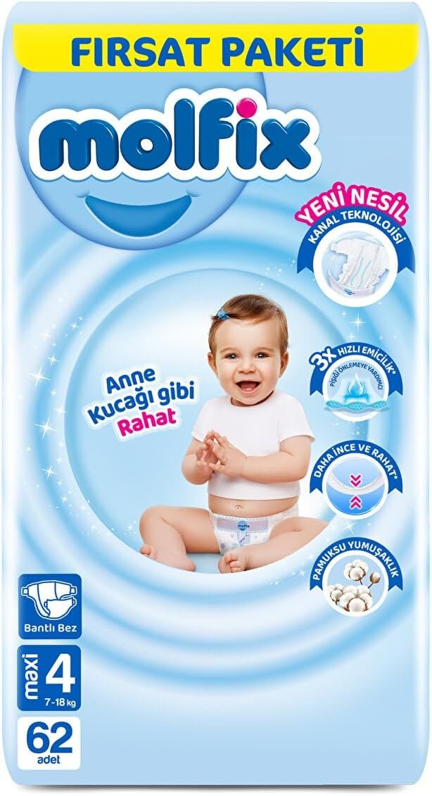 Molfix 3D Maxi 4 Beden Bebek Bezi Fırsat Paketi (62 Adet) | Uygun Fiyat