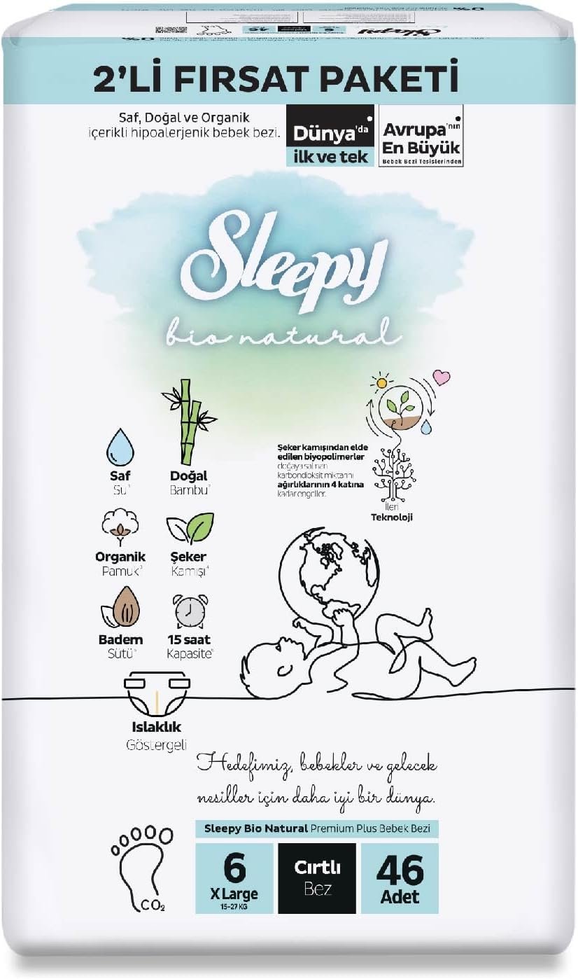 Sleepy Bio Natural 2'li Fırsat Paketi Bebek Bezi 6 Numara (XLarge) 46 Adet | Cırtlı Bez