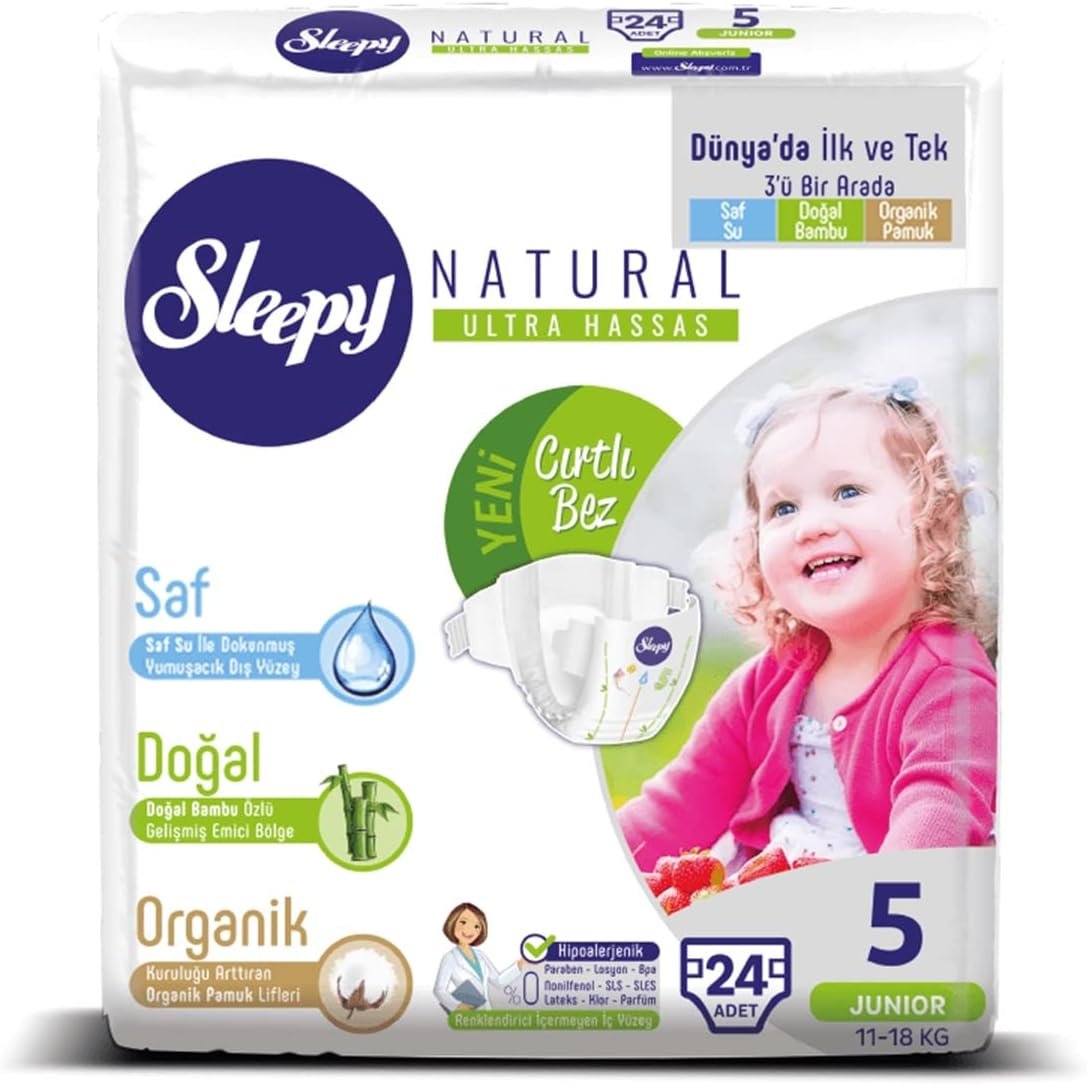 Sleepy Natural Bebek Bezi 5 Beden Junior (Sıfır Karbon) 24 Adet | Doğal ve Çevre Dostu
