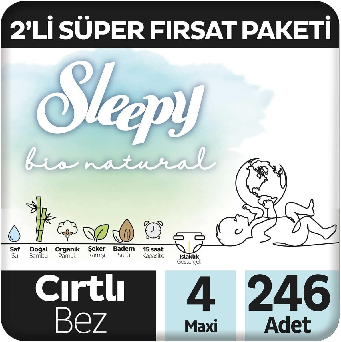 Sleepy Bio Natural 2'li Fırsat Paketi Bebek Bezi 4 Numara (Maxi) 246 Adet | Ekonomik Paket