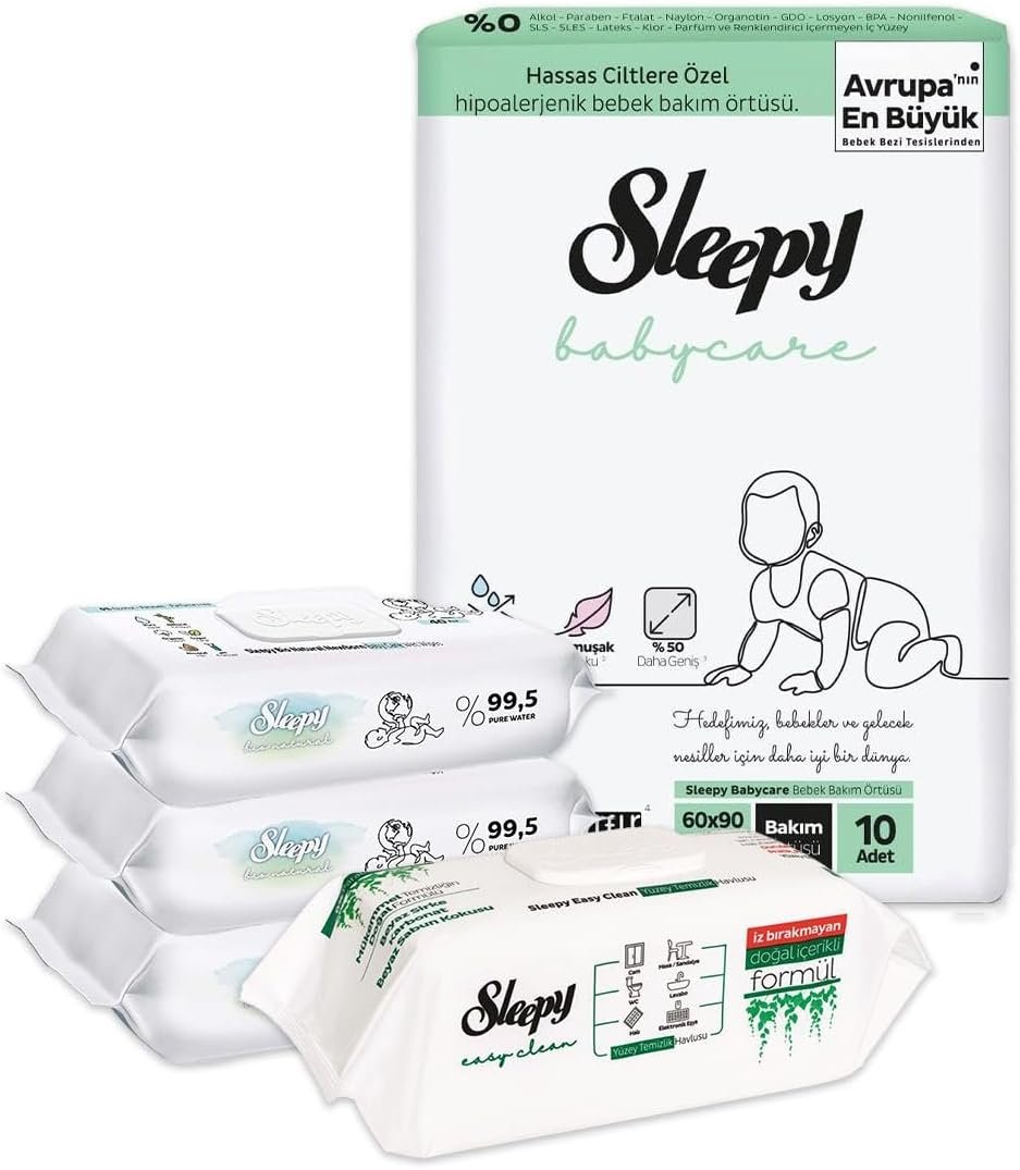 Sleepy Bebek Bakım Örtüsü 10'lu, Islak Mendil 120 Yaprak ve Temizlik Havlusu - Fırsat Paketi