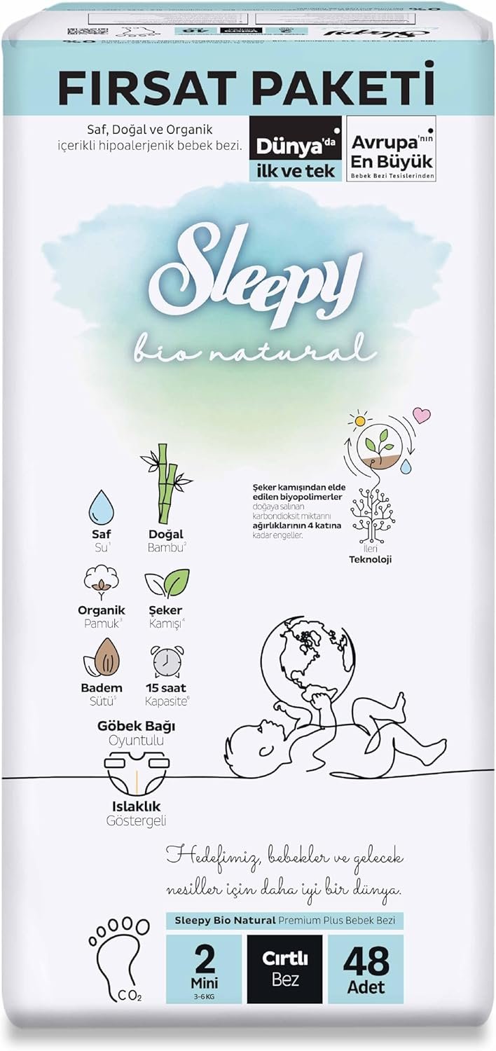 Sleepy Bio Natural 2 Numara Mini Bebek Bezi 48 Adet Fırsat Paketi | Cırtlı Bez