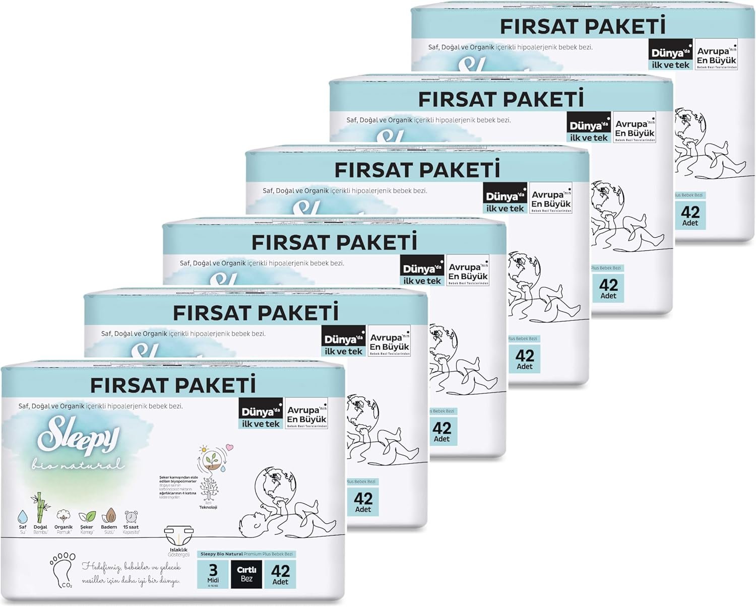 Sleepy Bio Natural 3 Numara Midi Bebek Bezi Fırsat Paketi 252 Adet | Cırtlı Bez
