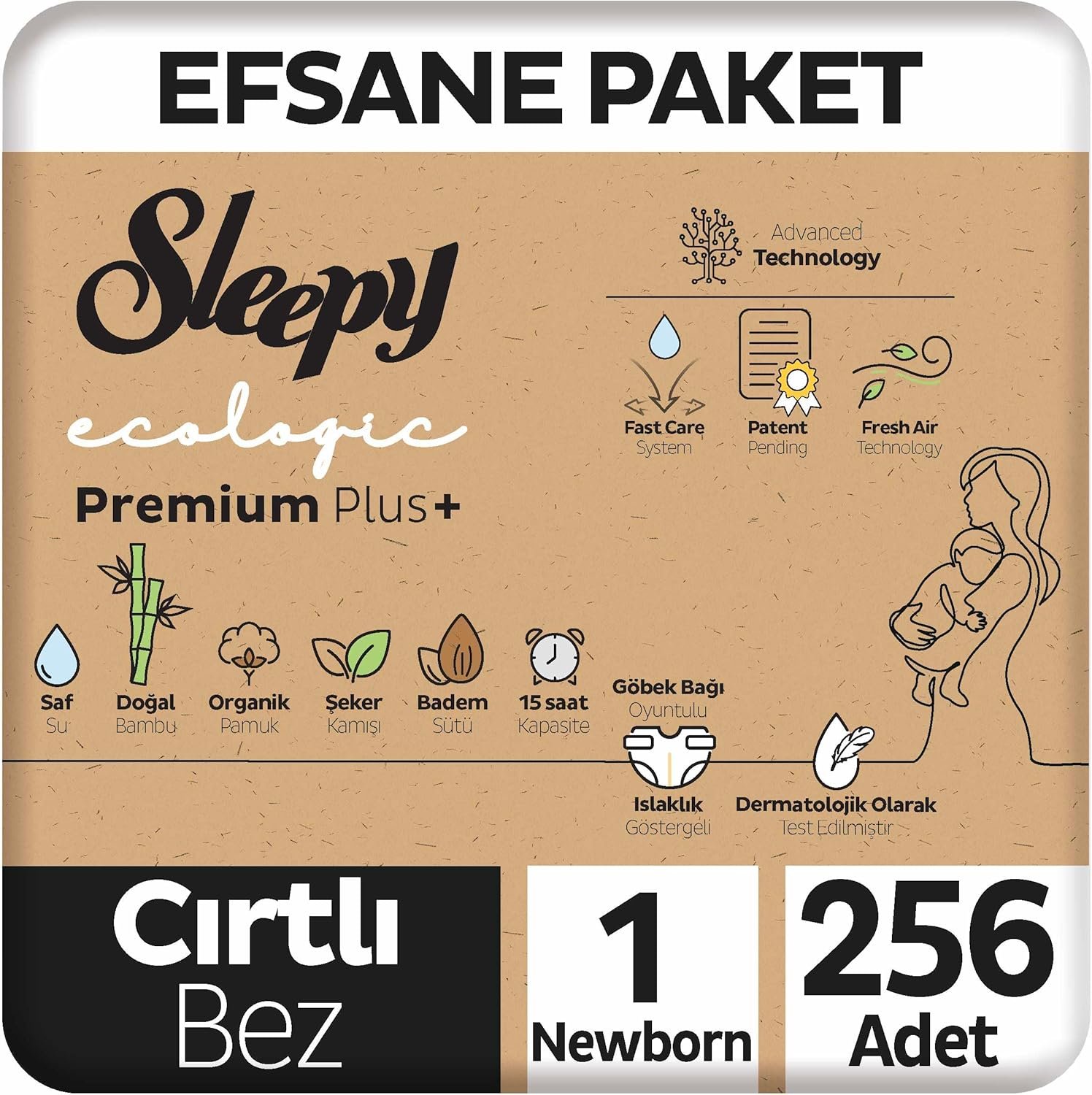Sleepy Ecologic Premium Plus Efsane Paket Bebek Bezi 1 Numara (Yenidoğan) 256 Adet | En İyi Fiyat