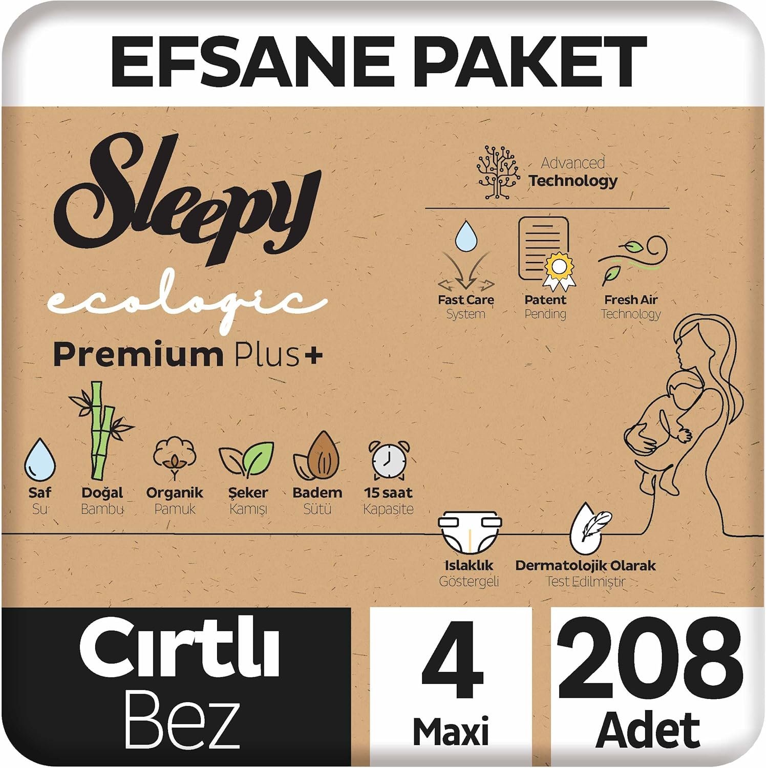 Sleepy Ecologic Premium Plus Efsane Paket Bebek Bezi 4 Numara (Maxi) 208 Adet | Ekolojik Bebek Bezi